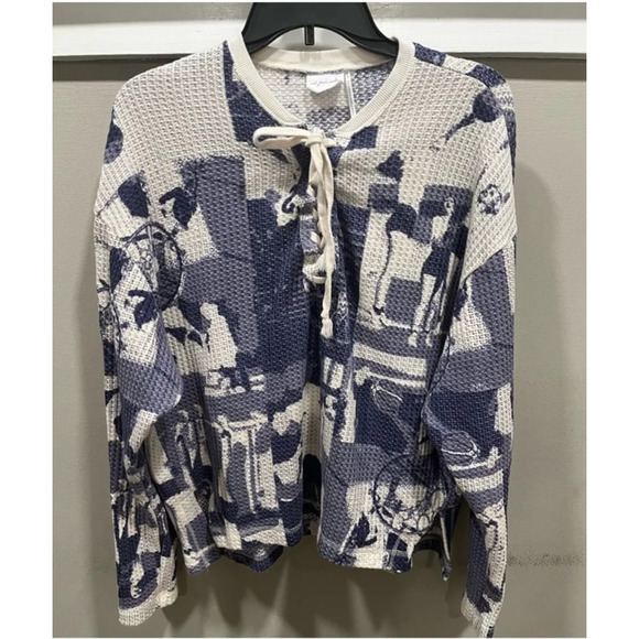 Out From Under Dustin Lace- Up Henley Top Blue‎ and White Size M - Picture 4 of 8